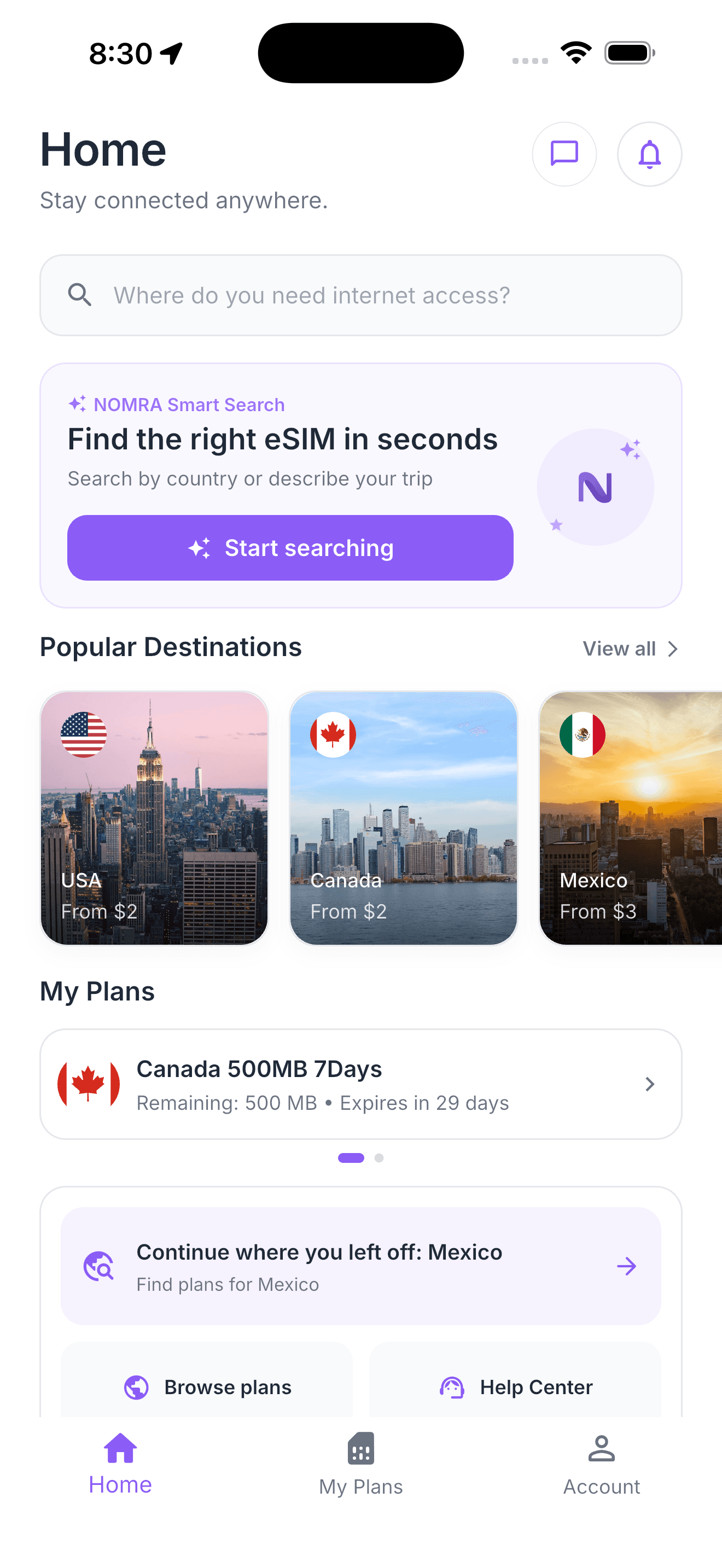 Nomra app home screen